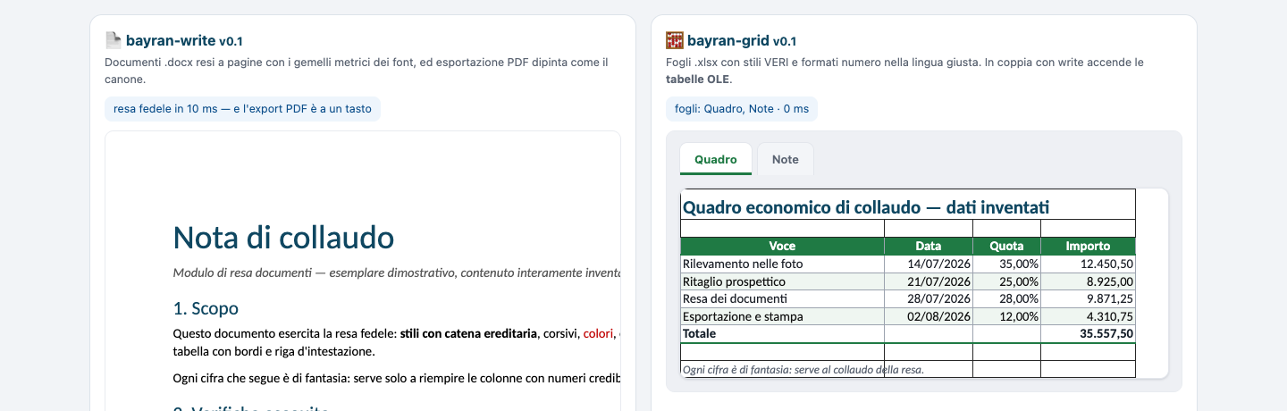 Un documento .docx reso a pagine e un foglio .xlsx con i suoi stili