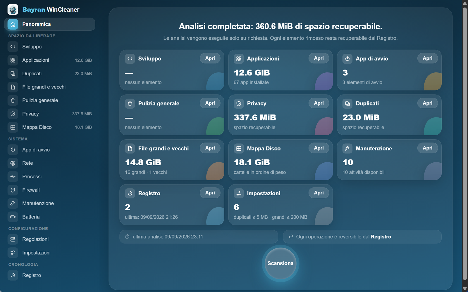 La panoramica di Bayran WinCleaner dopo un'analisi, con lo spazio recuperabile sezione per sezione