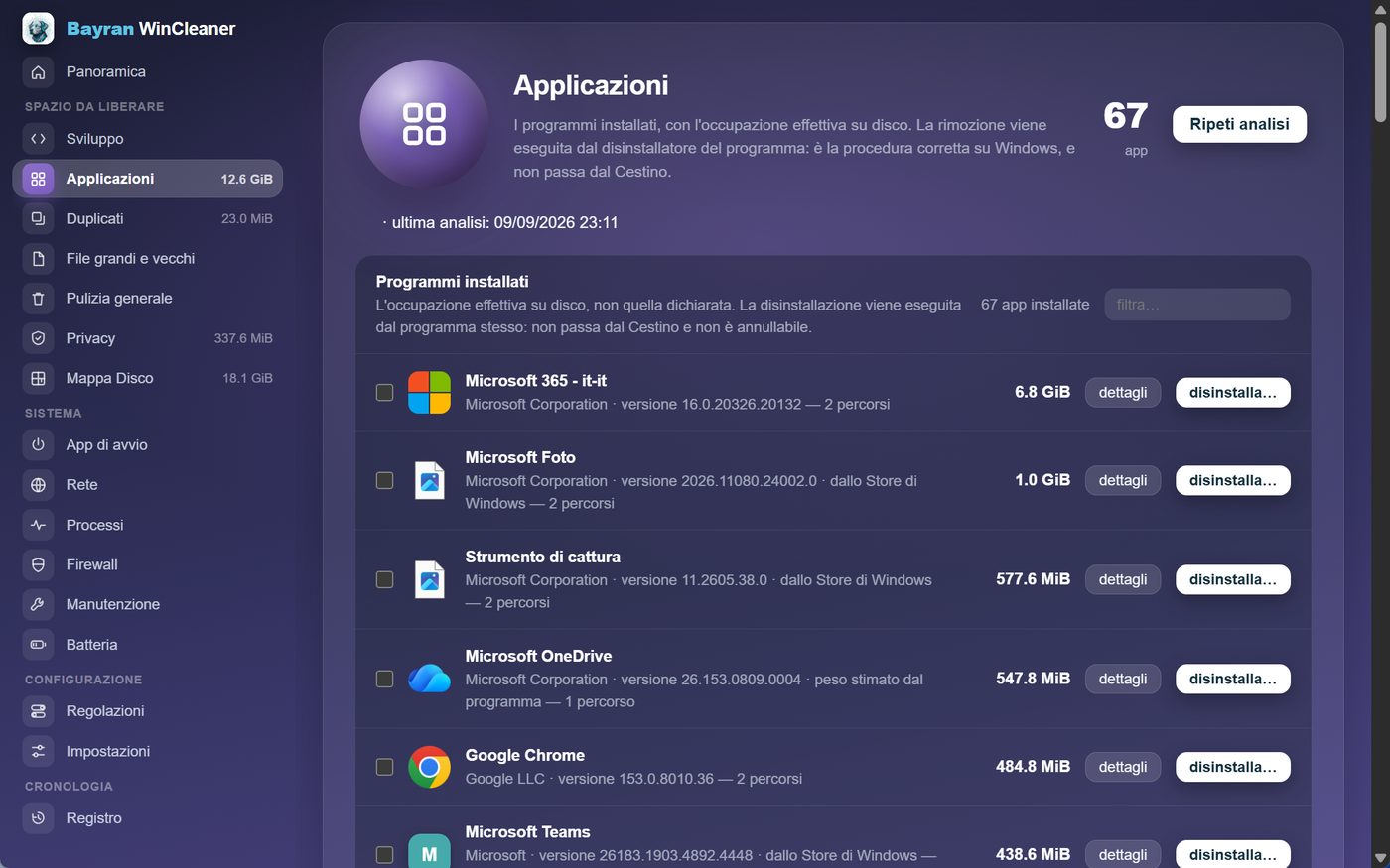 La sezione Applicazioni di Bayran WinCleaner