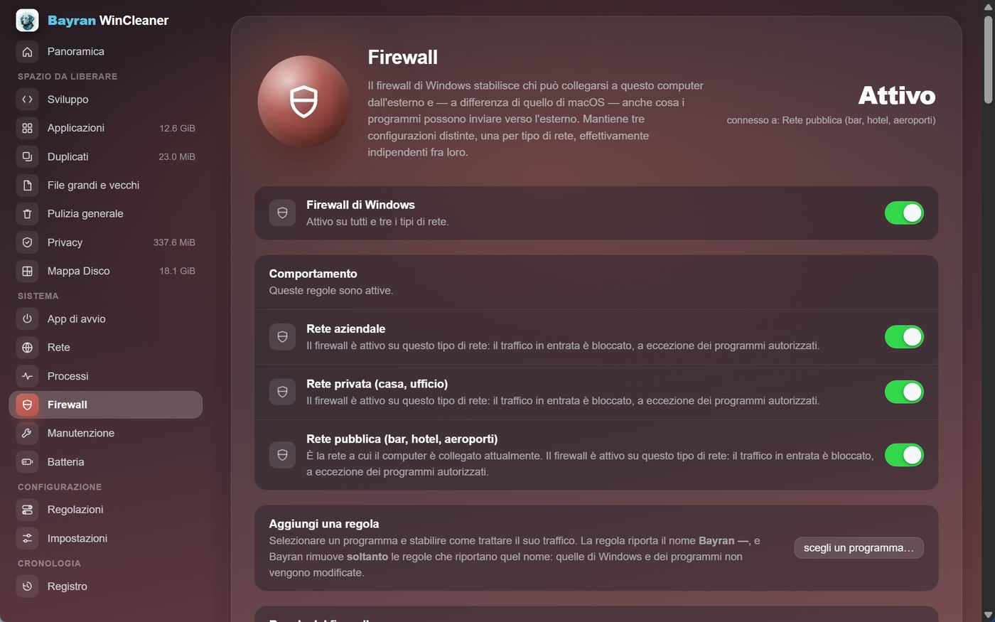 La sezione Firewall di Bayran WinCleaner