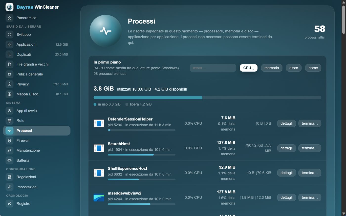 La sezione Processi di Bayran WinCleaner