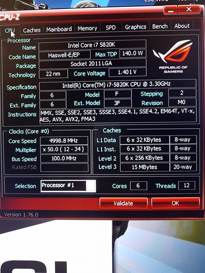CPU-Z: il 5820K a 4998,8 MHz con 1,401 V